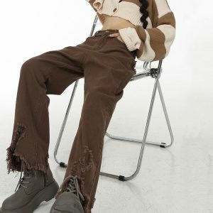 Distressed Brown Straight Leg Jeans for Y2K and 90s Fashion Lovers