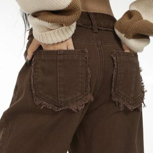 Distressed Brown Straight Leg Jeans for Y2K and 90s Fashion Lovers