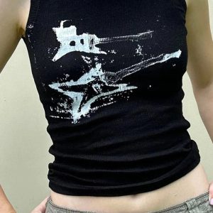 Distressed Graphic Ribbed Top: Y2K Fashion Essential for Trendy Outfits