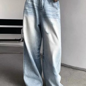 Distressed Light-Wash Wide-Leg Jeans for Y2K and 90s Fashion Lovers