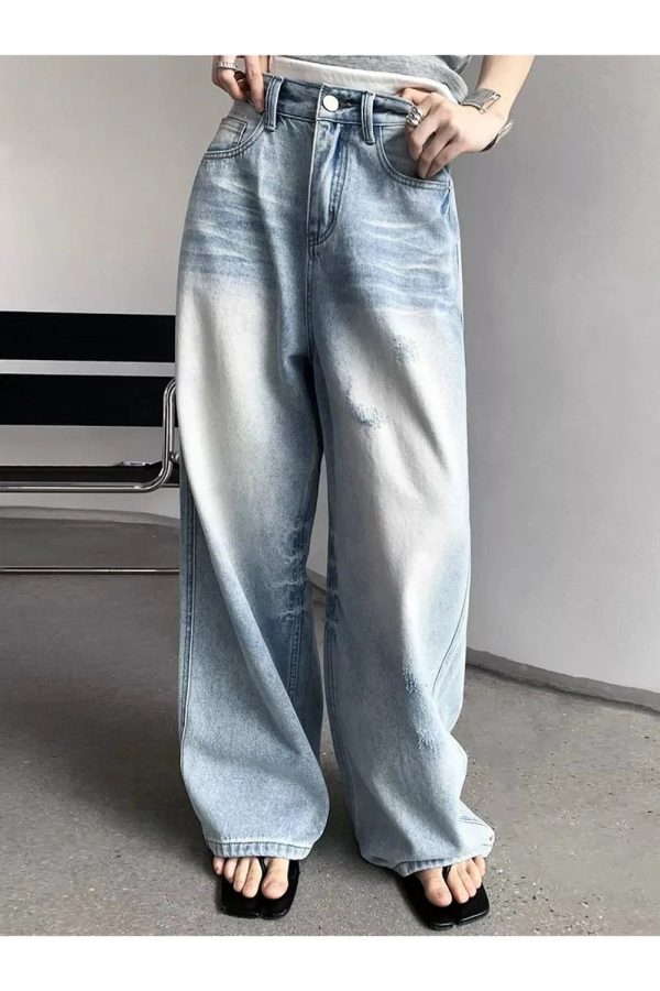 Distressed Light-Wash Wide-Leg Jeans for Y2K and 90s Fashion Lovers