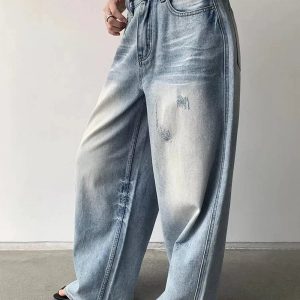 Distressed Light-Wash Wide-Leg Jeans for Y2K and 90s Fashion Lovers