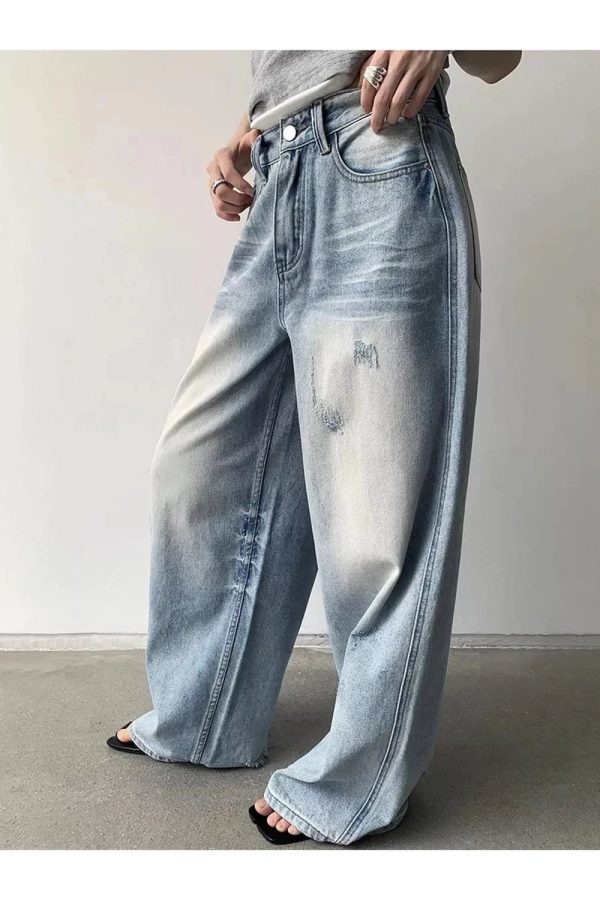 Distressed Light-Wash Wide-Leg Jeans for Y2K and 90s Fashion Lovers