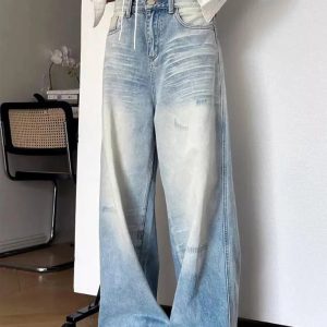 Distressed Light-Wash Wide-Leg Jeans for Y2K and 90s Fashion Lovers