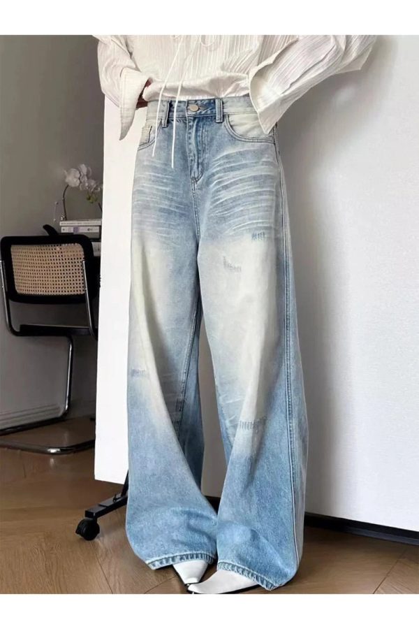 Distressed Light-Wash Wide-Leg Jeans for Y2K and 90s Fashion Lovers