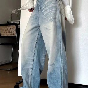 Distressed Light-Wash Wide-Leg Jeans for Y2K and 90s Fashion Lovers