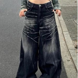 Distressed Marble Wash Wide-Leg Jeans for Y2K and 90s Fashion Lovers