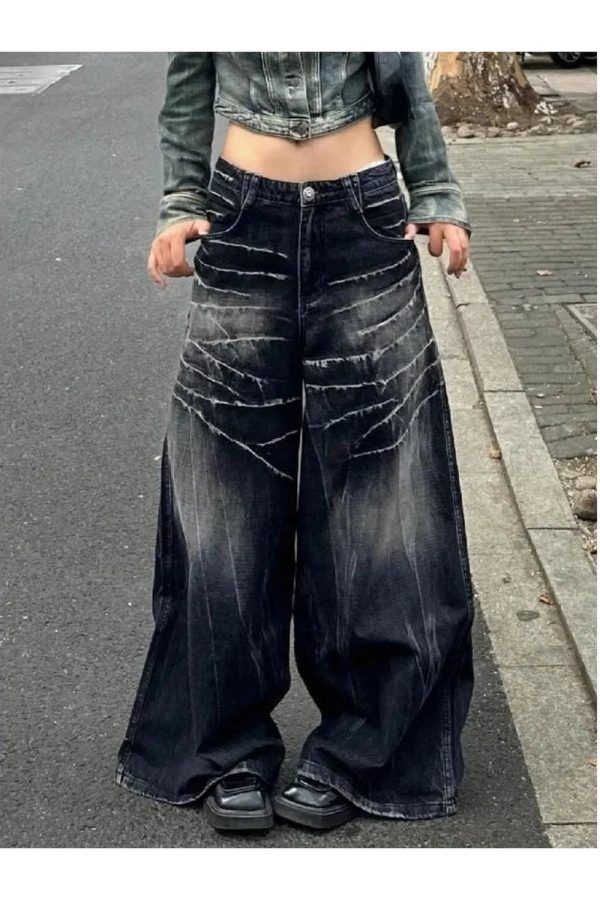 Distressed Marble Wash Wide-Leg Jeans for Y2K and 90s Fashion Lovers