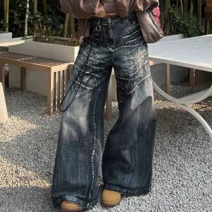 Distressed Marble Wash Wide-Leg Jeans for Y2K and 90s Fashion Lovers