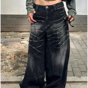 Distressed Marble Wash Wide-Leg Jeans for Y2K and 90s Fashion Lovers