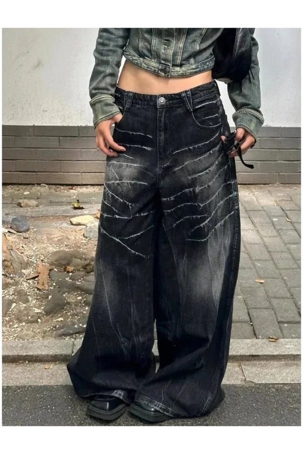 Distressed Marble Wash Wide-Leg Jeans for Y2K and 90s Fashion Lovers