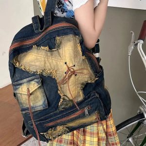 Distressed Vintage Denim Backpack for Y2K Fashion and 90s Aesthetic