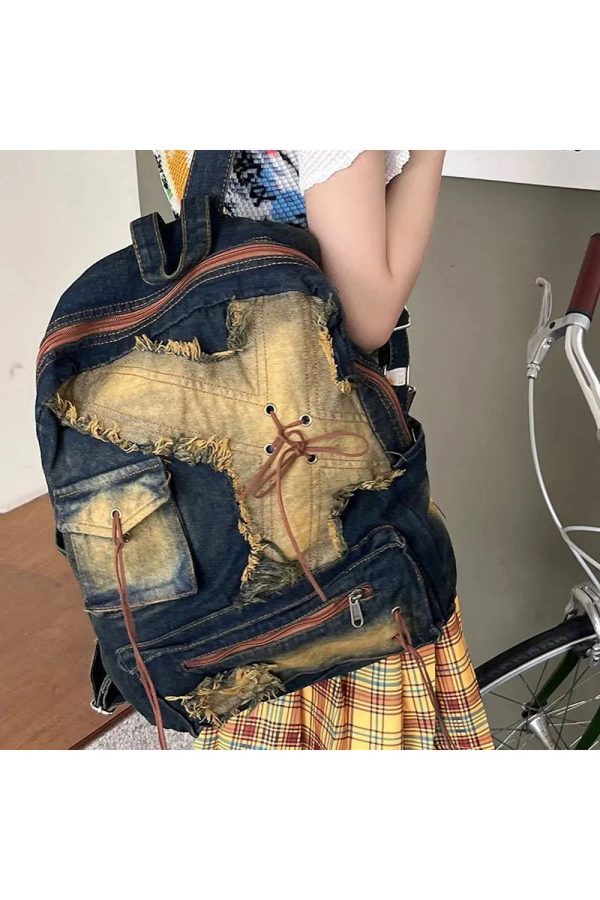 Distressed Vintage Denim Backpack for Y2K Fashion and 90s Aesthetic