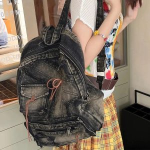 Distressed Vintage Denim Backpack for Y2K Fashion and 90s Aesthetic