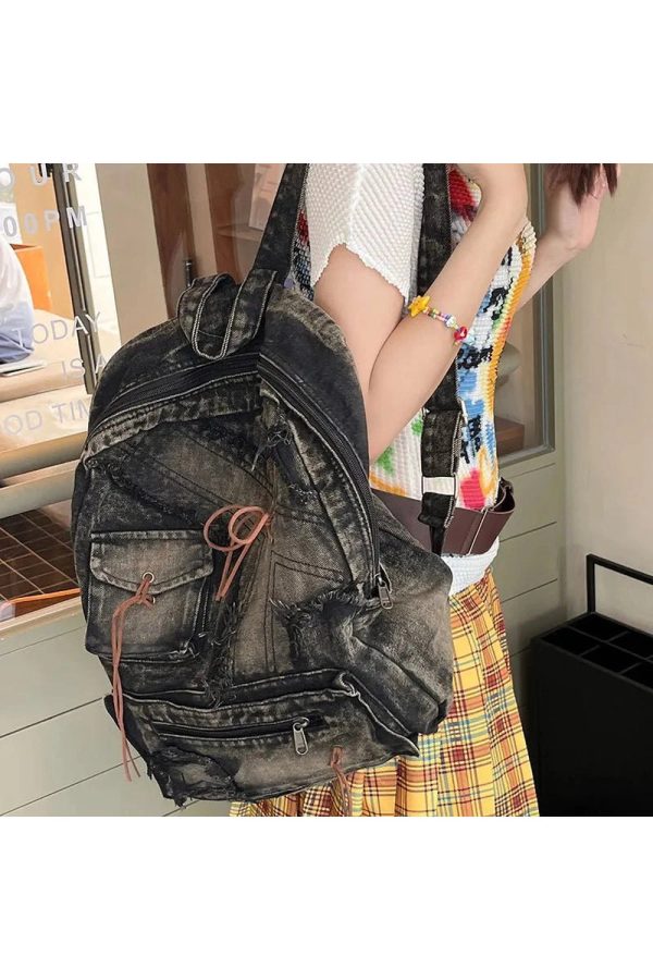 Distressed Vintage Denim Backpack for Y2K Fashion and 90s Aesthetic