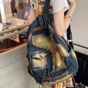 Distressed Vintage Denim Backpack for Y2K Fashion and 90s Aesthetic