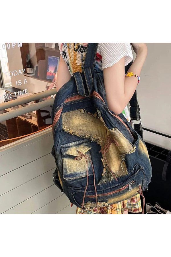 Distressed Vintage Denim Backpack for Y2K Fashion and 90s Aesthetic