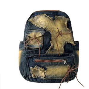 Distressed Vintage Denim Backpack for Y2K Fashion and 90s Aesthetic