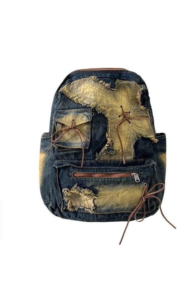 Distressed Vintage Denim Backpack for Y2K Fashion and 90s Aesthetic