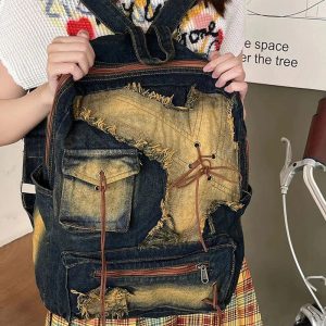 Distressed Vintage Denim Backpack for Y2K Fashion and 90s Aesthetic