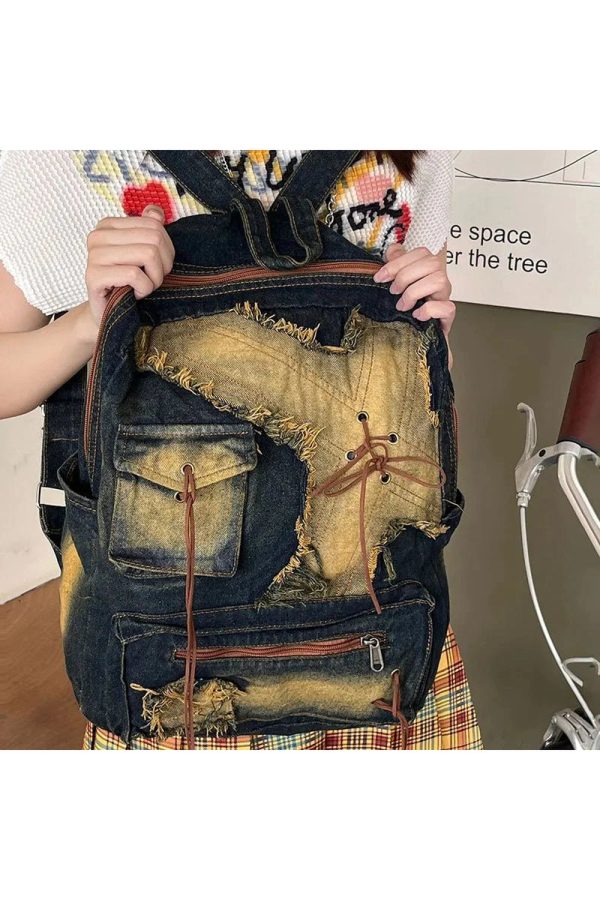 Distressed Vintage Denim Backpack for Y2K Fashion and 90s Aesthetic