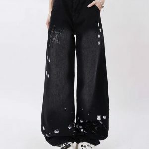 Downtown Girl Black Star Baggy Jeans - Y2K Grunge Fashion Essential