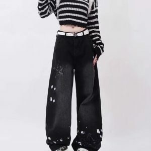 Downtown Girl Black Star Baggy Jeans - Y2K Grunge Fashion Essential