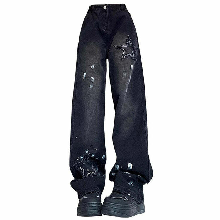 Downtown Girl Black Star Baggy Jeans - Y2K Grunge Fashion Essential