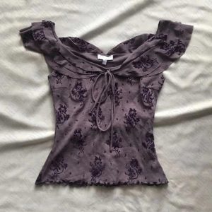 Fairycore Floral Lace-Up Off-Shoulder Top for Y2K Summer Outfits