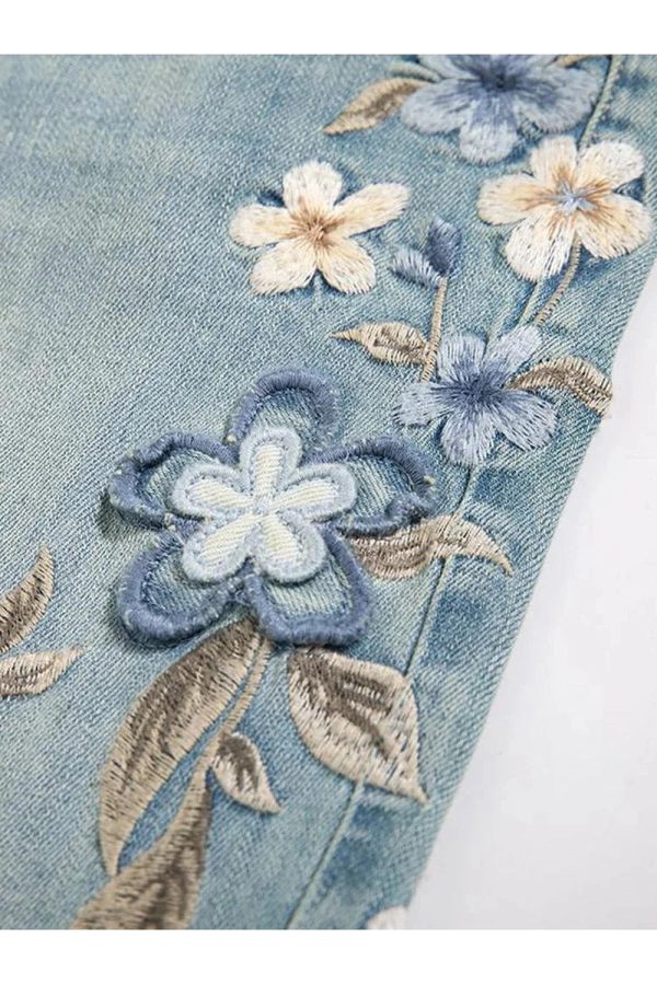 Floral Meadow Embroidered Wide Leg Jeans - Y2K Fashion Essential