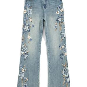 Floral Meadow Embroidered Wide Leg Jeans - Y2K Fashion Essential