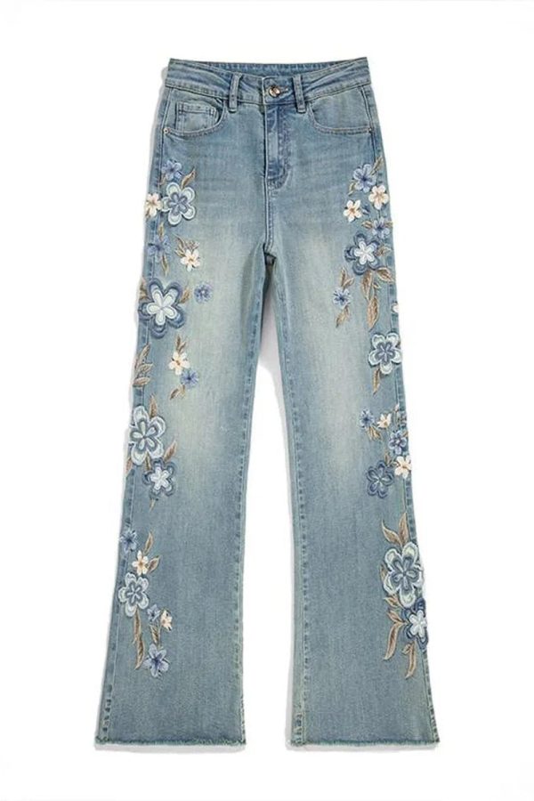 Floral Meadow Embroidered Wide Leg Jeans - Y2K Fashion Essential