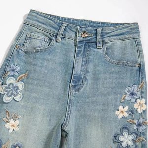 Floral Meadow Embroidered Wide Leg Jeans - Y2K Fashion Essential