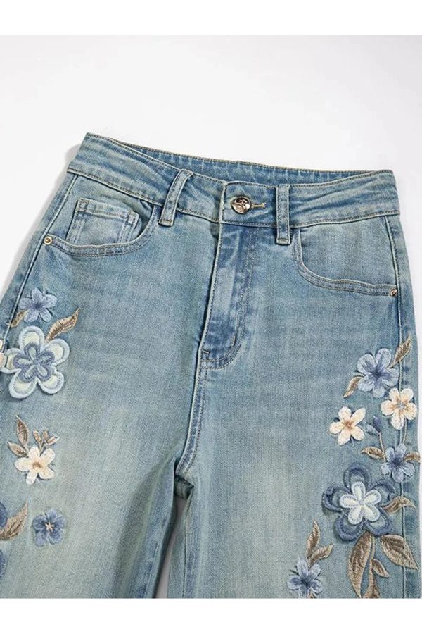 Floral Meadow Embroidered Wide Leg Jeans - Y2K Fashion Essential