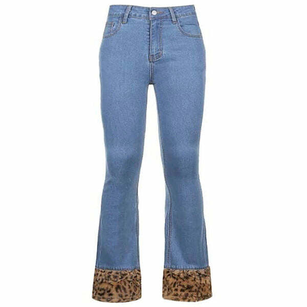 Fuzzy Leopard Trim Baggy Jeans for Y2K Fashion & Grunge Aesthetic