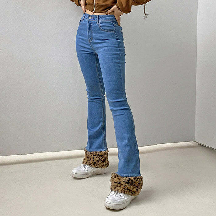 Fuzzy Leopard Trim Baggy Jeans for Y2K Fashion & Grunge Aesthetic