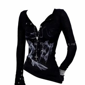 Goth Smoke Print Top: Y2K Grunge Aesthetic for Bold Summer Outfits