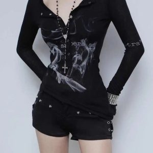 Goth Smoke Print Top: Y2K Grunge Aesthetic for Bold Summer Outfits