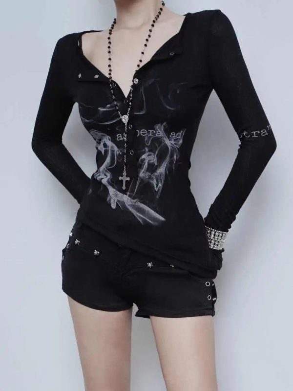 Goth Smoke Print Top: Y2K Grunge Aesthetic for Bold Summer Outfits