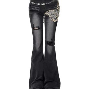 Gothic Butterfly Distressed Flare Jeans for Y2K Grunge Aesthetic Style