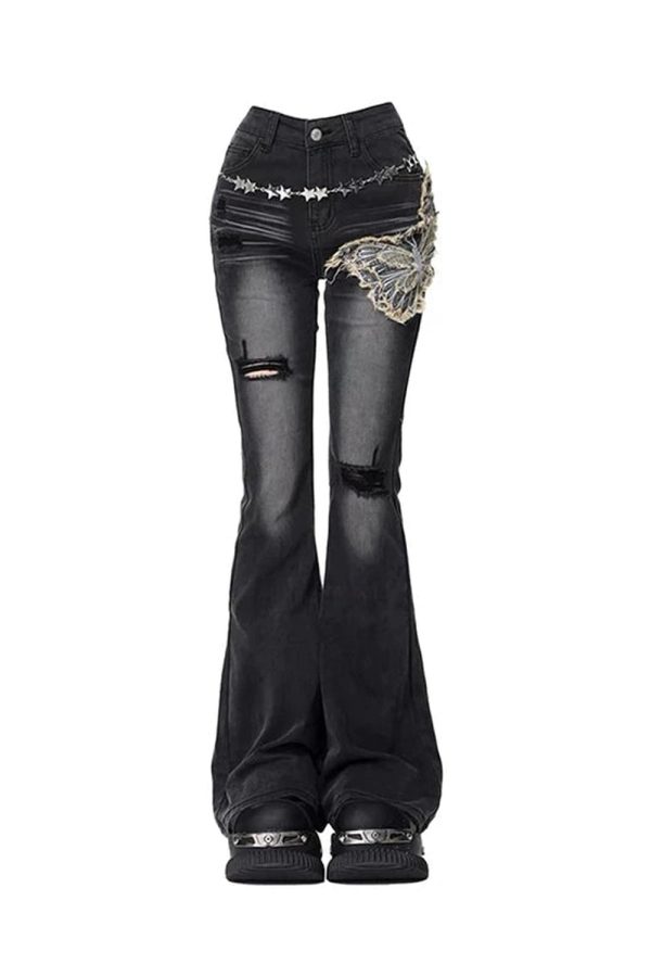 Gothic Butterfly Distressed Flare Jeans for Y2K Grunge Aesthetic Style