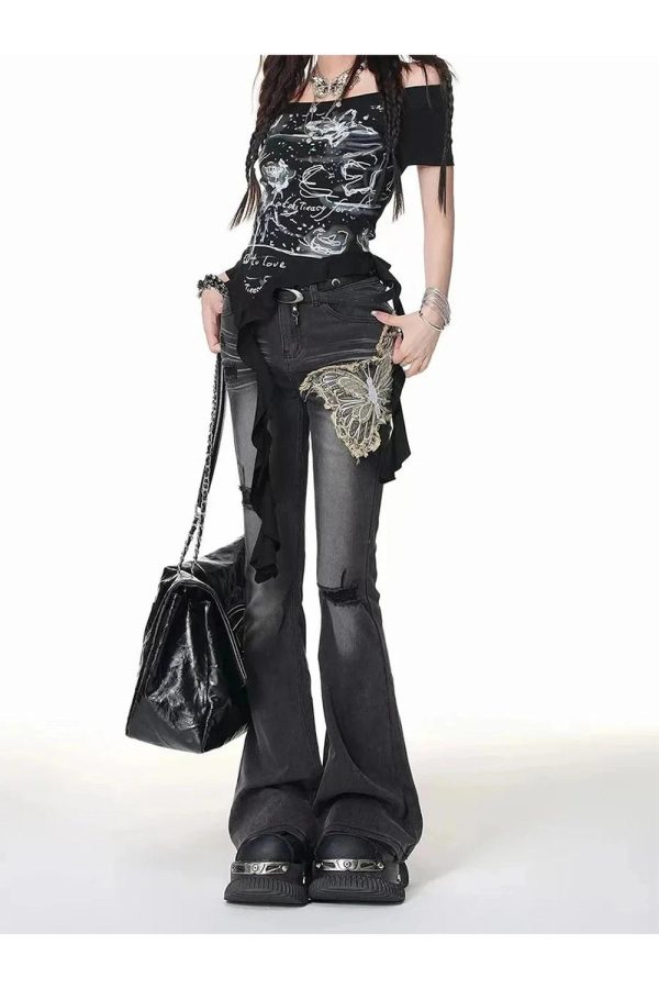 Gothic Butterfly Distressed Flare Jeans for Y2K Grunge Aesthetic Style