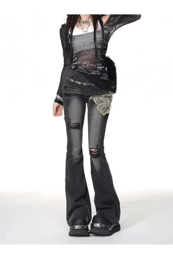 Gothic Butterfly Distressed Flare Jeans for Y2K Grunge Aesthetic Style