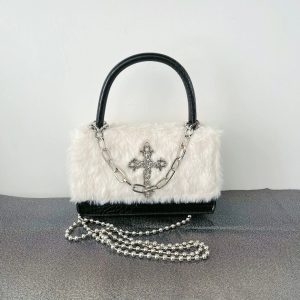 Gothic Cross Faux Fur Shoulder Bag - Y2K Grunge Aesthetic Accessory