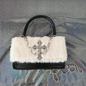 Gothic Cross Faux Fur Shoulder Bag - Y2K Grunge Aesthetic Accessory