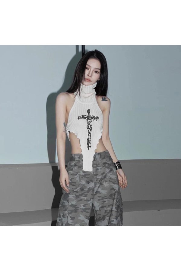 Gothic Cross Halter Knit Top - Y2K Grunge Aesthetic Summer Essential