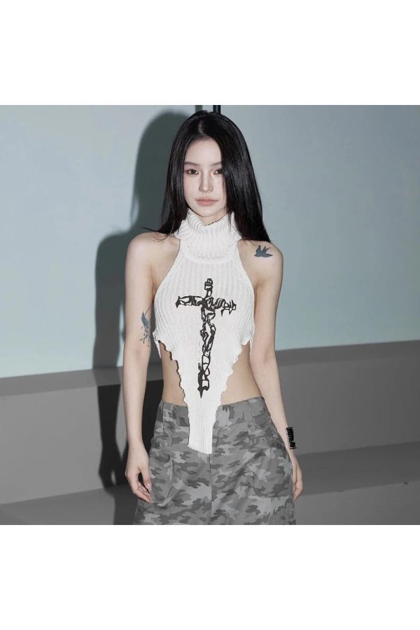 Gothic Cross Halter Knit Top - Y2K Grunge Aesthetic Summer Essential