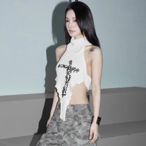 Gothic Cross Halter Knit Top - Y2K Grunge Aesthetic Summer Essential