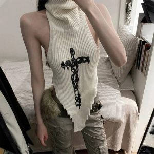 Gothic Cross Halter Knit Top - Y2K Grunge Aesthetic Summer Essential