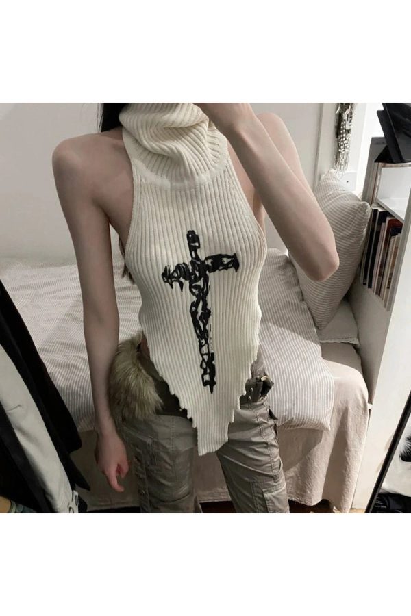 Gothic Cross Halter Knit Top - Y2K Grunge Aesthetic Summer Essential